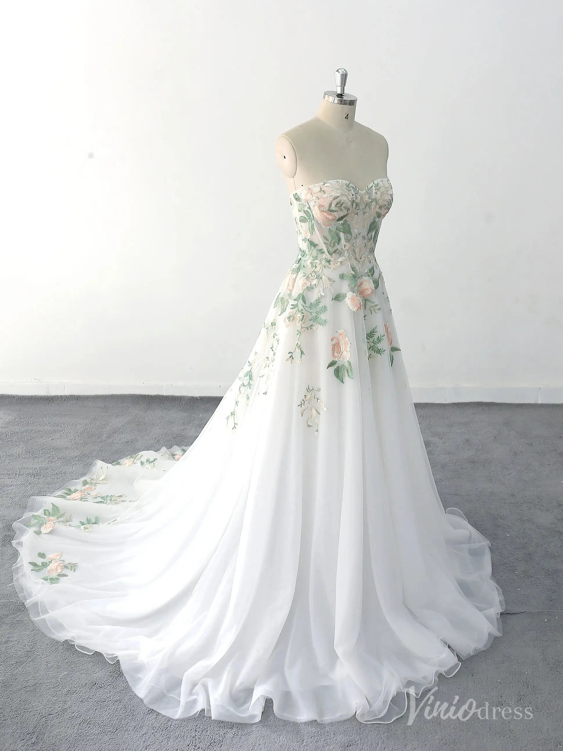 Romantic Ivory Floral Strapless Wedding Dress with Pastel Embroidery and Chapel Train – FW222-wedding dresses 2025 -Viniodress-Ivory-Custom Size-