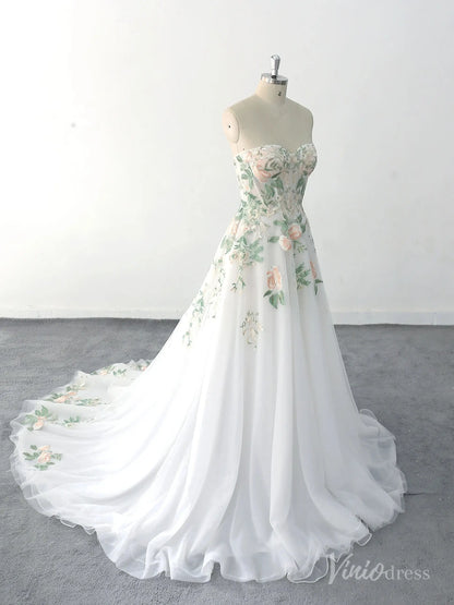 Romantic Ivory Floral Strapless Wedding Dress with Pastel Embroidery and Chapel Train – FW222-wedding dresses 2025 -Viniodress-Ivory-Custom Size-