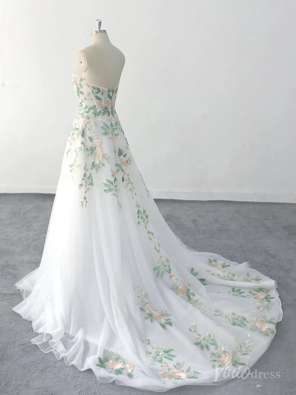 Romantic Ivory Floral Strapless Wedding Dress with Pastel Embroidery and Chapel Train – FW222-wedding dresses 2025 -Viniodress-Ivory-Custom Size-