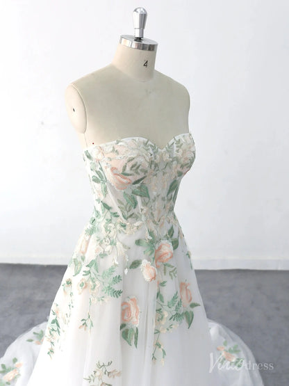 Romantic Ivory Floral Strapless Wedding Dress with Pastel Embroidery and Chapel Train – FW222-wedding dresses 2025 -Viniodress-Ivory-Custom Size-