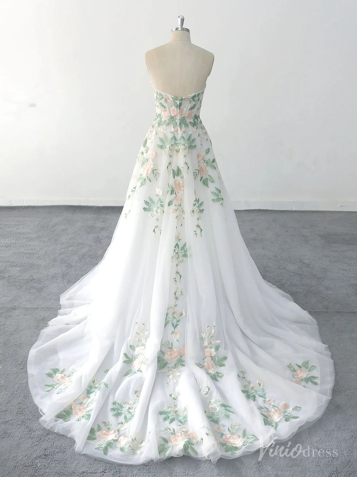 Romantic Ivory Floral Strapless Wedding Dress with Pastel Embroidery and Chapel Train – FW222-wedding dresses 2025 -Viniodress-Ivory-Custom Size-