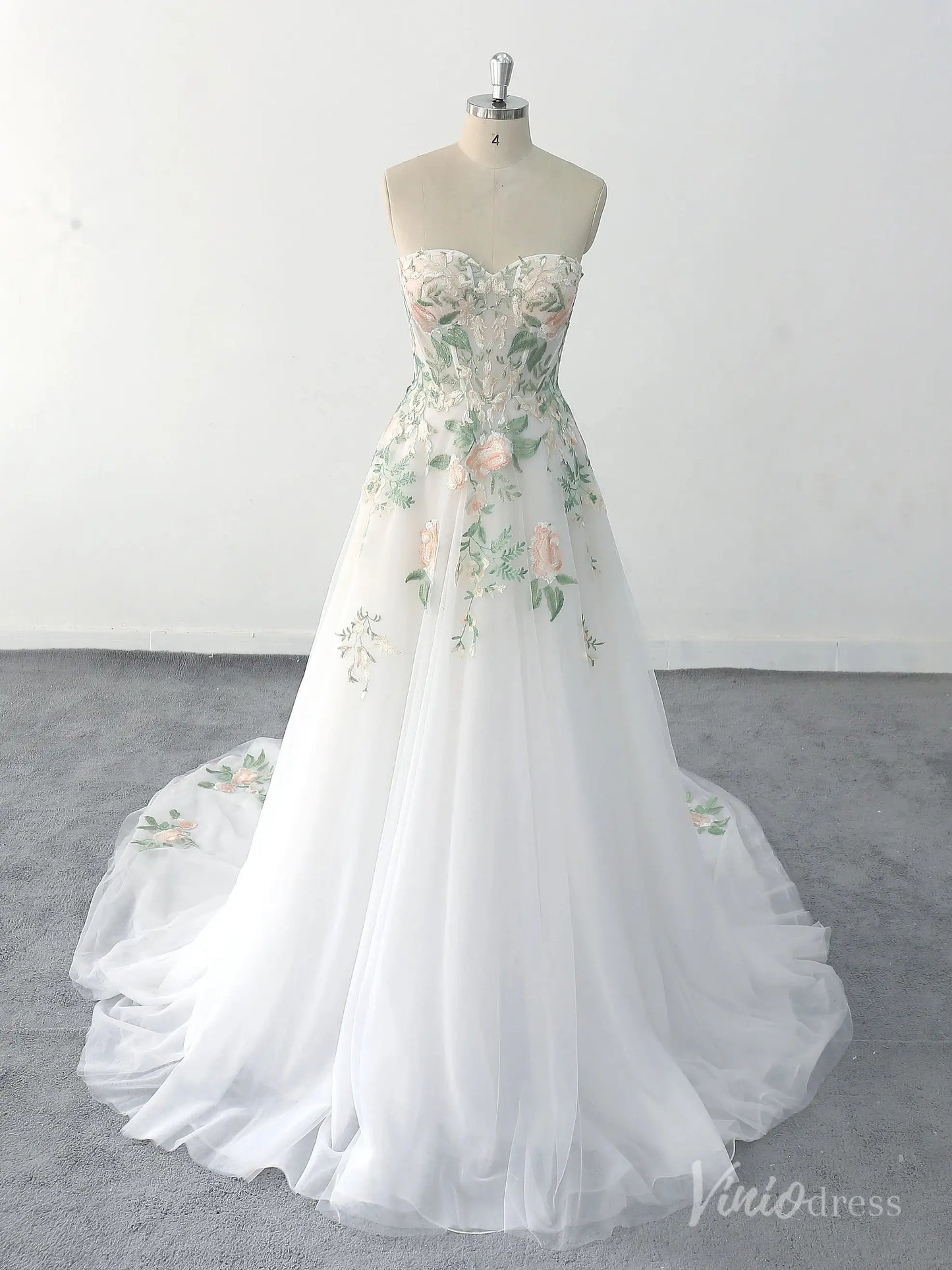 Romantic Ivory Floral Strapless Wedding Dress with Pastel Embroidery and Chapel Train – FW222-wedding dresses 2025 -Viniodress-Ivory-Custom Size-