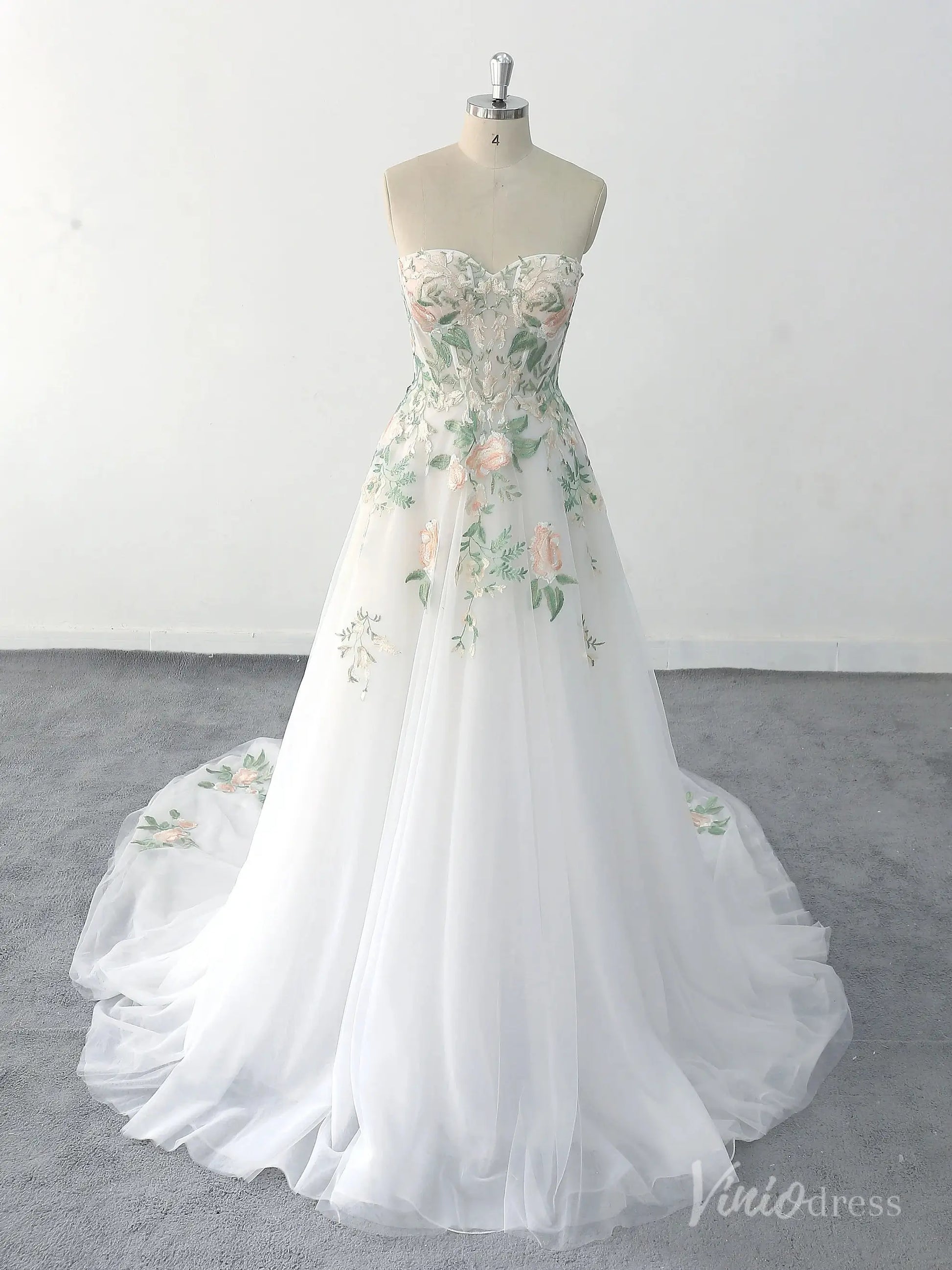 Romantic Ivory Floral Strapless Wedding Dress with Pastel Embroidery and Chapel Train – FW222-wedding dresses 2025 -Viniodress-Ivory-Custom Size-
