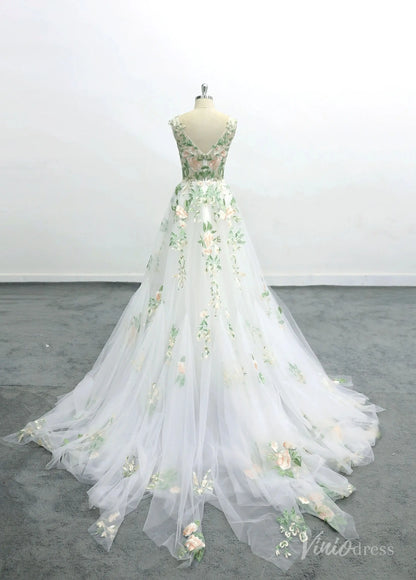 Romantic Ivory Floral Wedding Dress with Sleeveless Lace Bodice, V-Neckline, and Embroidered Skirt – FW227-wedding dresses 2025 -Viniodress-Ivory-Custom Size-