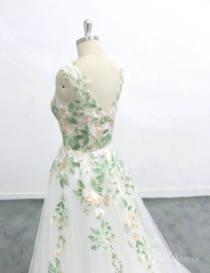 Romantic Ivory Floral Wedding Dress with Sleeveless Lace Bodice, V-Neckline, and Embroidered Skirt – FW227-wedding dresses 2025 -Viniodress-Ivory-Custom Size-