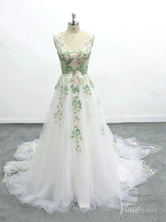 Romantic Ivory Floral Wedding Dress with Sleeveless Lace Bodice, V-Neckline, and Embroidered Skirt – FW227-wedding dresses 2025 -Viniodress-Ivory-Custom Size-