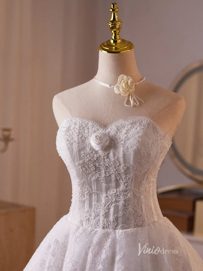 Romantic Ivory Lace Homecoming Dress with Strapless Corset Bodice, 3D Rosette Trim & A-Line Mini Skirt – BJ093-prom dresses 2025 -Viniodress-Ivory-Custom Size-