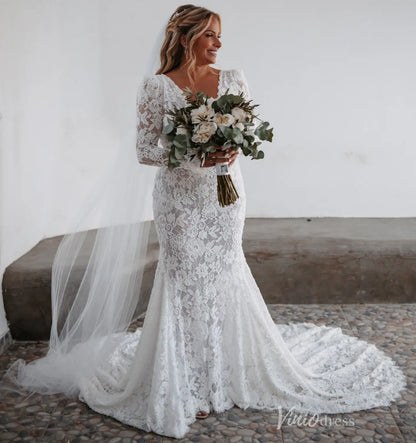 Romantic Ivory Lace Mermaid Wedding Dress with Long Sleeves, Deep V-Neck & Sweep Train – BH113-wedding dresses 2025 -Viniodress-Ivory-Custom Size-Dress only