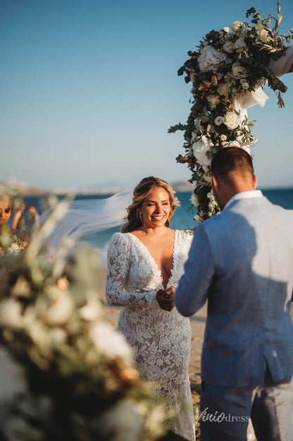 Romantic Ivory Lace Mermaid Wedding Dress with Long Sleeves, Deep V-Neck & Sweep Train – BH113-wedding dresses 2025 -Viniodress-Ivory-Custom Size-Dress only