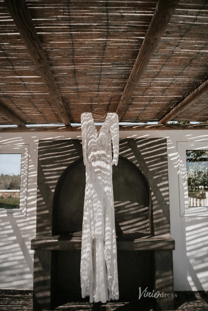 Romantic Ivory Lace Mermaid Wedding Dress with Long Sleeves, Deep V-Neck & Sweep Train – BH113-wedding dresses 2025 -Viniodress-Ivory-Custom Size-Dress only