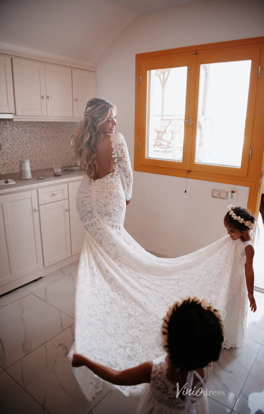 Romantic Ivory Lace Mermaid Wedding Dress with Long Sleeves, Deep V-Neck & Sweep Train – BH113-wedding dresses 2025 -Viniodress-Ivory-Custom Size-Dress only