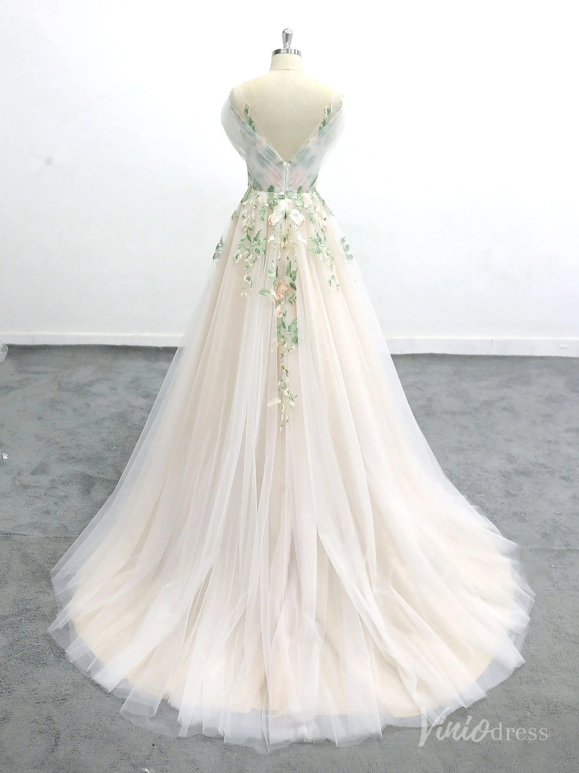 Romantic Ivory Off-Shoulder Wedding Dress with Floral Appliques, Illusion Bodice, and Tulle Chapel Train – FW223-wedding dresses 2025 -Viniodress-Ivory-Custom Size-
