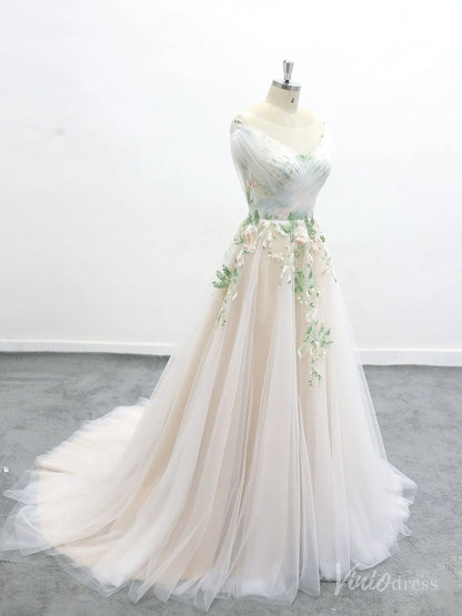 Romantic Ivory Off-Shoulder Wedding Dress with Floral Appliques, Illusion Bodice, and Tulle Chapel Train – FW223-wedding dresses 2025 -Viniodress-Ivory-Custom Size-