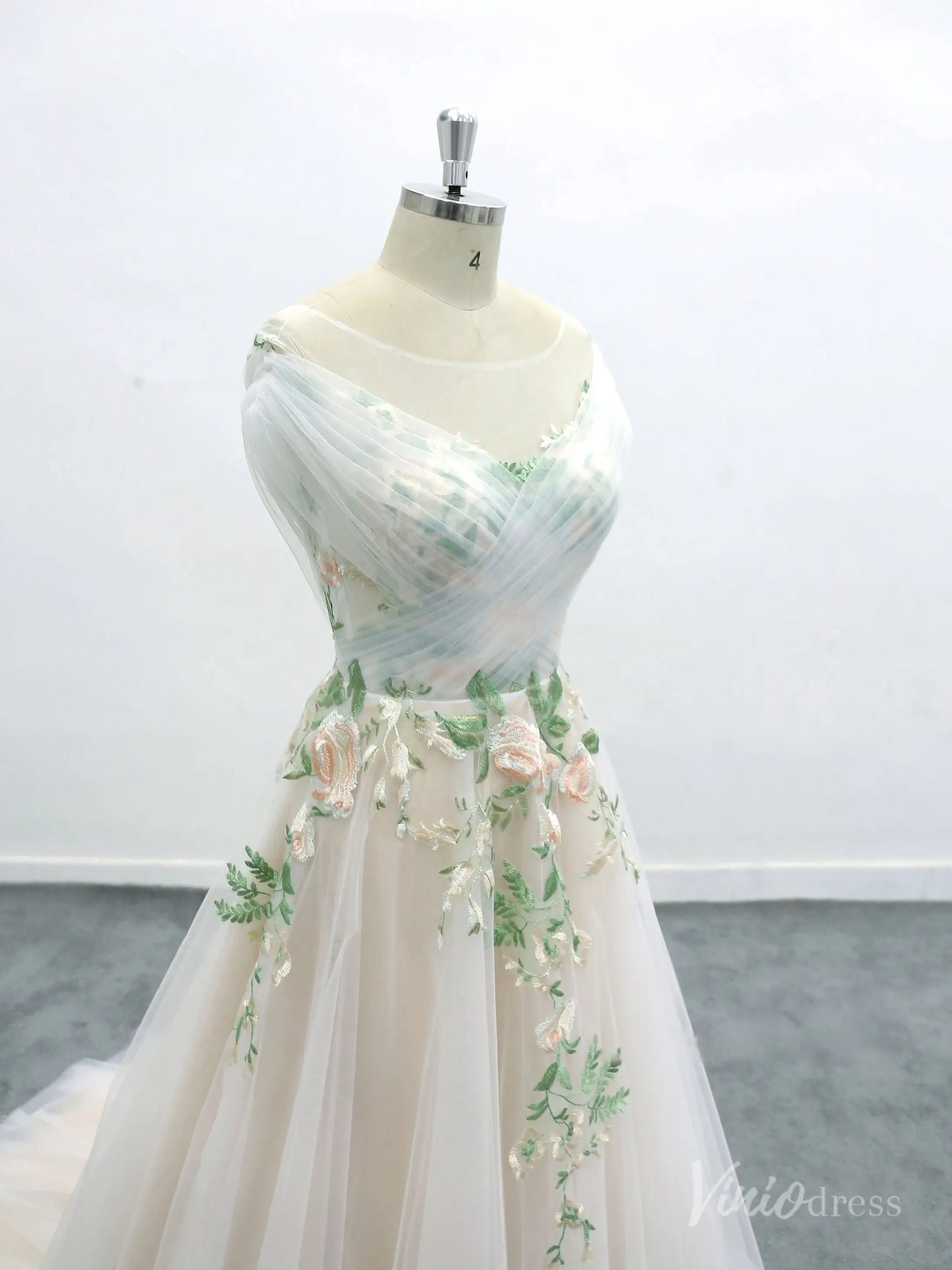 Romantic Ivory Off-Shoulder Wedding Dress with Floral Appliques, Illusion Bodice, and Tulle Chapel Train – FW223-wedding dresses 2025 -Viniodress-Ivory-Custom Size-