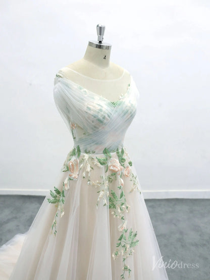 Romantic Ivory Off-Shoulder Wedding Dress with Floral Appliques, Illusion Bodice, and Tulle Chapel Train – FW223-wedding dresses 2025 -Viniodress-Ivory-Custom Size-