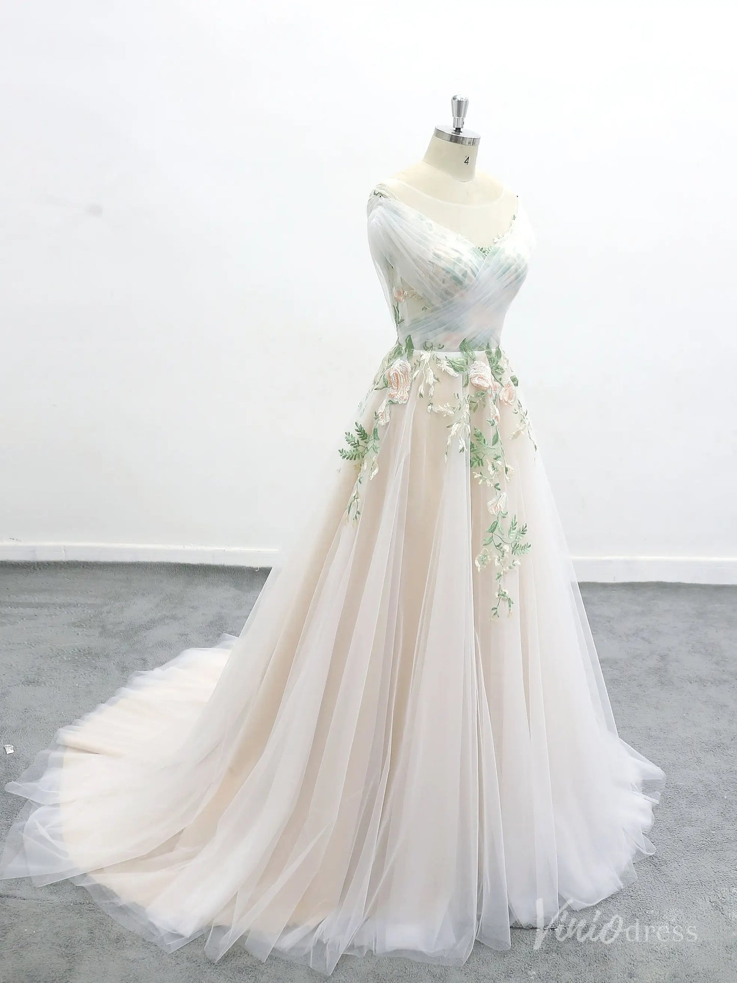 Romantic Ivory Off-Shoulder Wedding Dress with Floral Appliques, Illusion Bodice, and Tulle Chapel Train – FW223-wedding dresses 2025 -Viniodress-Ivory-Custom Size-