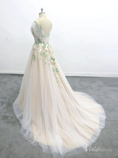 Romantic Ivory Off-Shoulder Wedding Dress with Floral Appliques, Illusion Bodice, and Tulle Chapel Train – FW223-wedding dresses 2025 -Viniodress-Ivory-Custom Size-