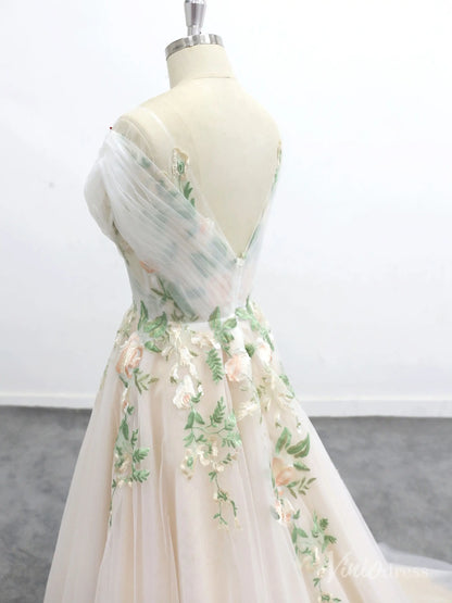 Romantic Ivory Off-Shoulder Wedding Dress with Floral Appliques, Illusion Bodice, and Tulle Chapel Train – FW223-wedding dresses 2025 -Viniodress-Ivory-Custom Size-