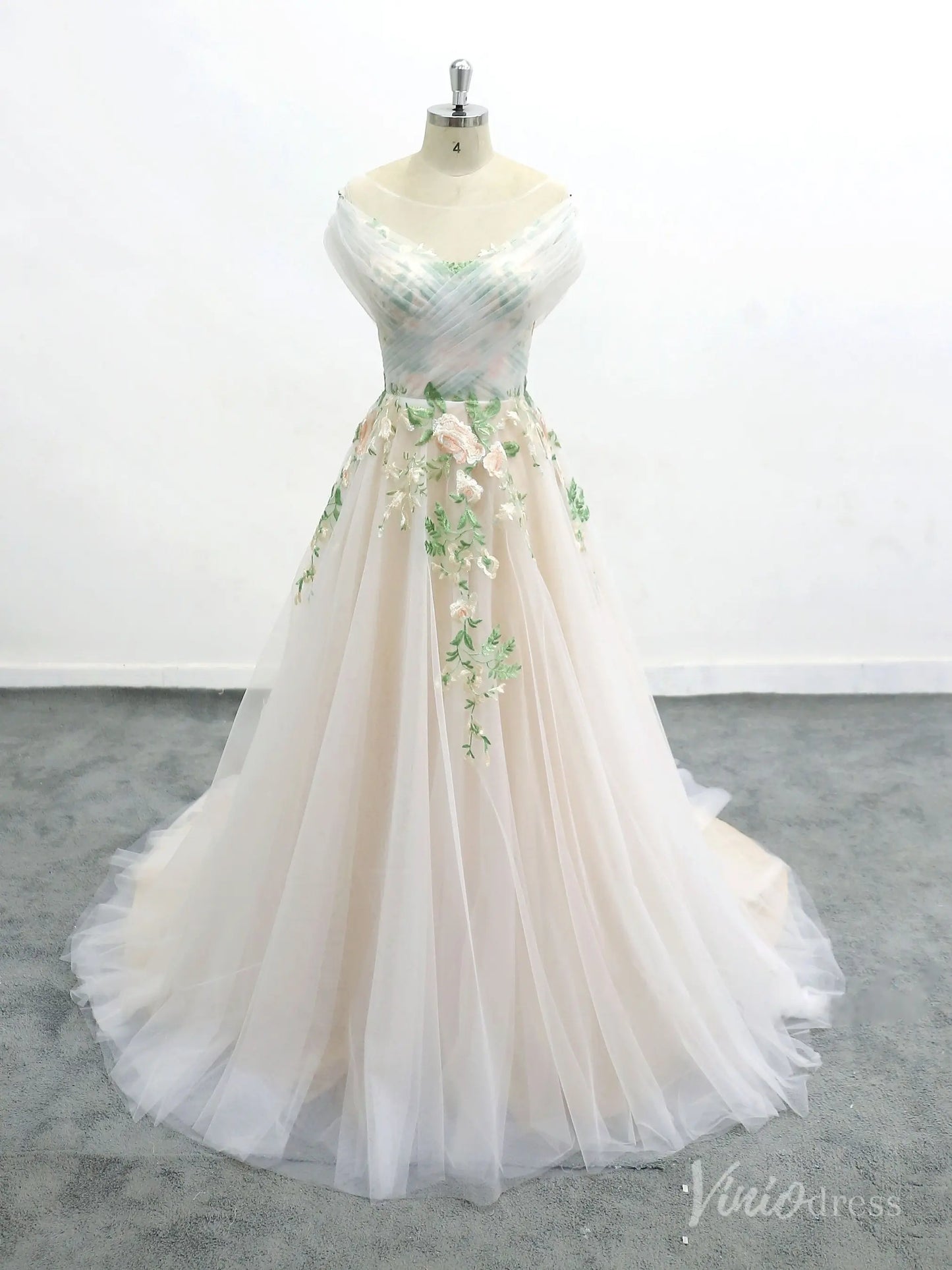 Romantic Ivory Off-Shoulder Wedding Dress with Floral Appliques, Illusion Bodice, and Tulle Chapel Train – FW223-wedding dresses 2025 -Viniodress-Ivory-Custom Size-