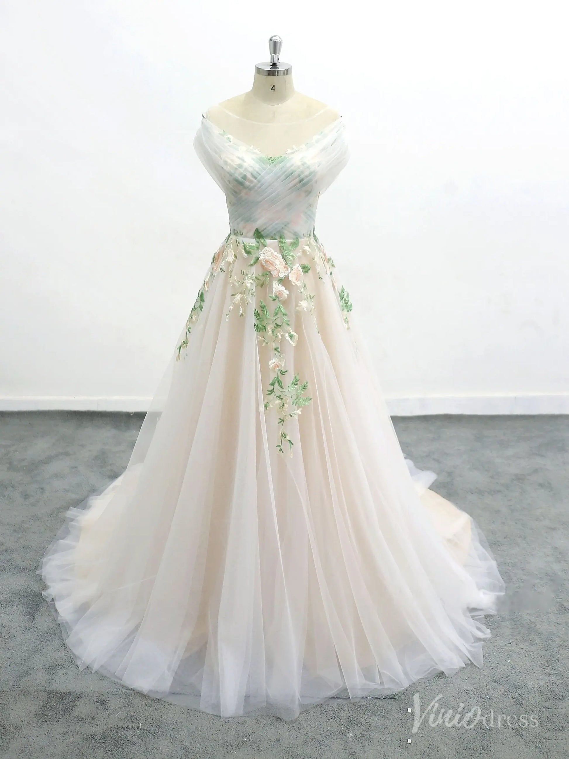 Romantic Ivory Off-Shoulder Wedding Dress with Floral Appliques, Illusion Bodice, and Tulle Chapel Train – FW223-wedding dresses 2025 -Viniodress-Ivory-Custom Size-