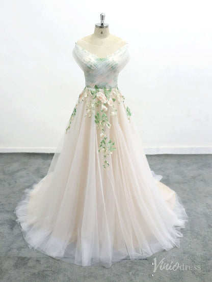 Romantic Ivory Off-Shoulder Wedding Dress with Floral Appliques, Illusion Bodice, and Tulle Chapel Train – FW223-wedding dresses 2025 -Viniodress-Ivory-Custom Size-