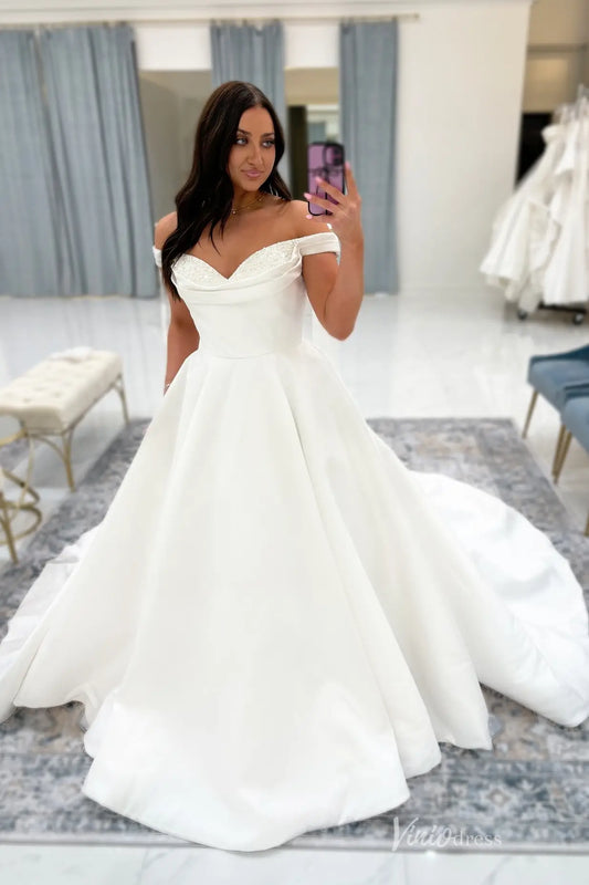 Romantic Ivory Satin Ball Gown Wedding Dress with Off-the-Shoulder Sweetheart Design, Sparkly Trim & Chapel Train – MN148