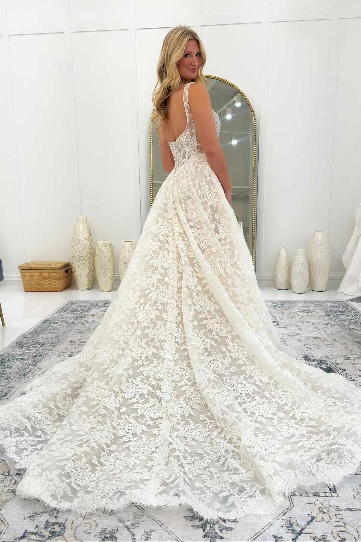 Romantic Lace A-Line Wedding Dress with Square Neckline  LC114  Viniodress