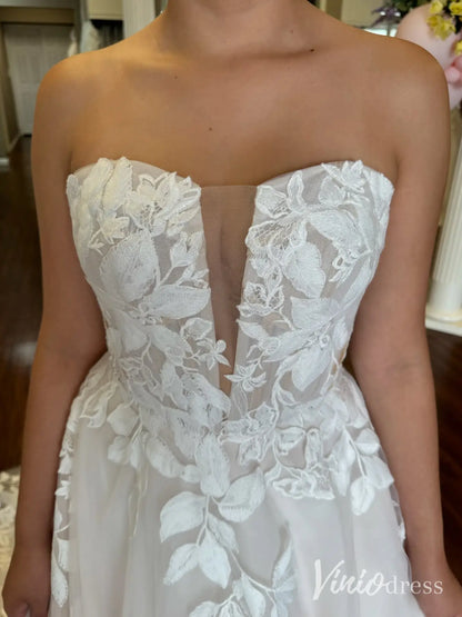 Romantic Lace Applique Wedding Dress with Plunging V Neck, Cathedral Train – LA102-wedding dresses 2025 -Viniodress-Ivory-Custom Size-