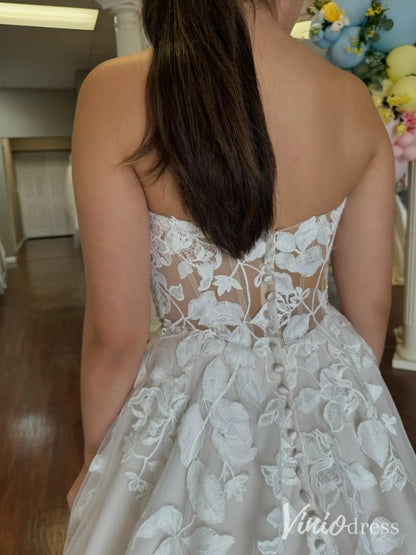 Romantic Lace Applique Wedding Dress with Plunging V Neck, Cathedral Train – LA102-wedding dresses 2025 -Viniodress-Ivory-Custom Size-