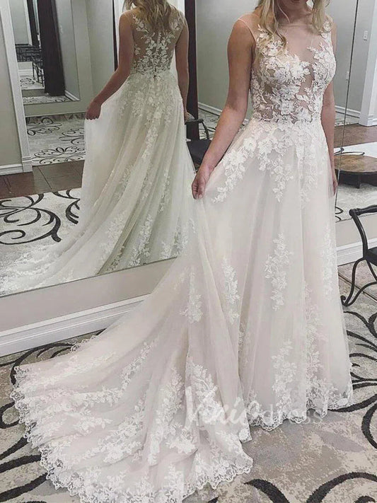 Romantic Lace Applique Wedding Dresses Illusion Neckline A-line Tulle Bridal Gown VW1233-wedding dresses 2025 -Viniodress-Ivory-Custom Size-