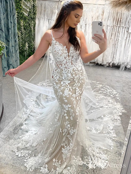 Romantic Lace Appliqued Mermaid Wedding Dress with Deep V Neck, Spaghetti Strap & Chapel Train – ML115-wedding dresses 2025 -Viniodress-Nude-Dress Only-US 0