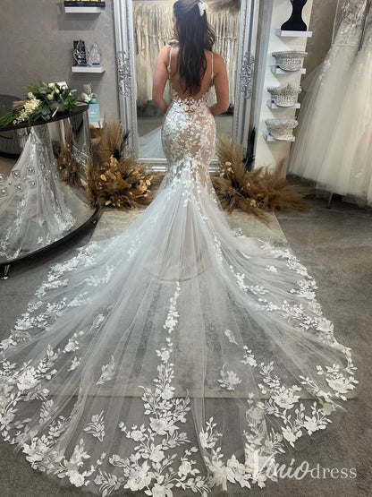 Romantic Lace Appliqued Mermaid Wedding Dress with Deep V Neck, Spaghetti Strap & Chapel Train – ML115-wedding dresses 2025 -Viniodress-Nude-Dress Only-US 0