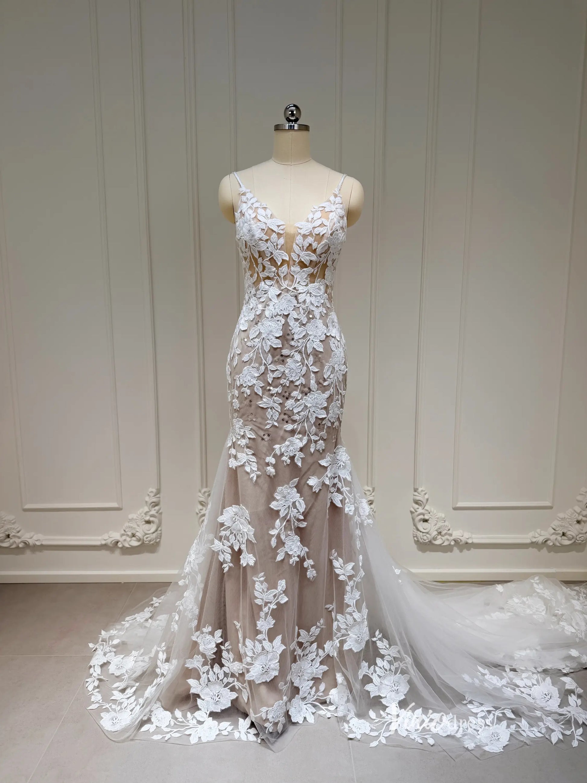 Romantic Lace Appliqued Mermaid Wedding Dress with Deep V Neck, Spaghetti Strap & Chapel Train – ML115-wedding dresses 2025 -Viniodress-Nude-Dress Only-US 0