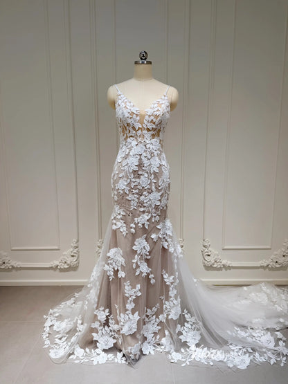 Romantic Lace Appliqued Mermaid Wedding Dress with Deep V Neck, Spaghetti Strap & Chapel Train – ML115-wedding dresses 2025 -Viniodress-Nude-Dress Only-US 0