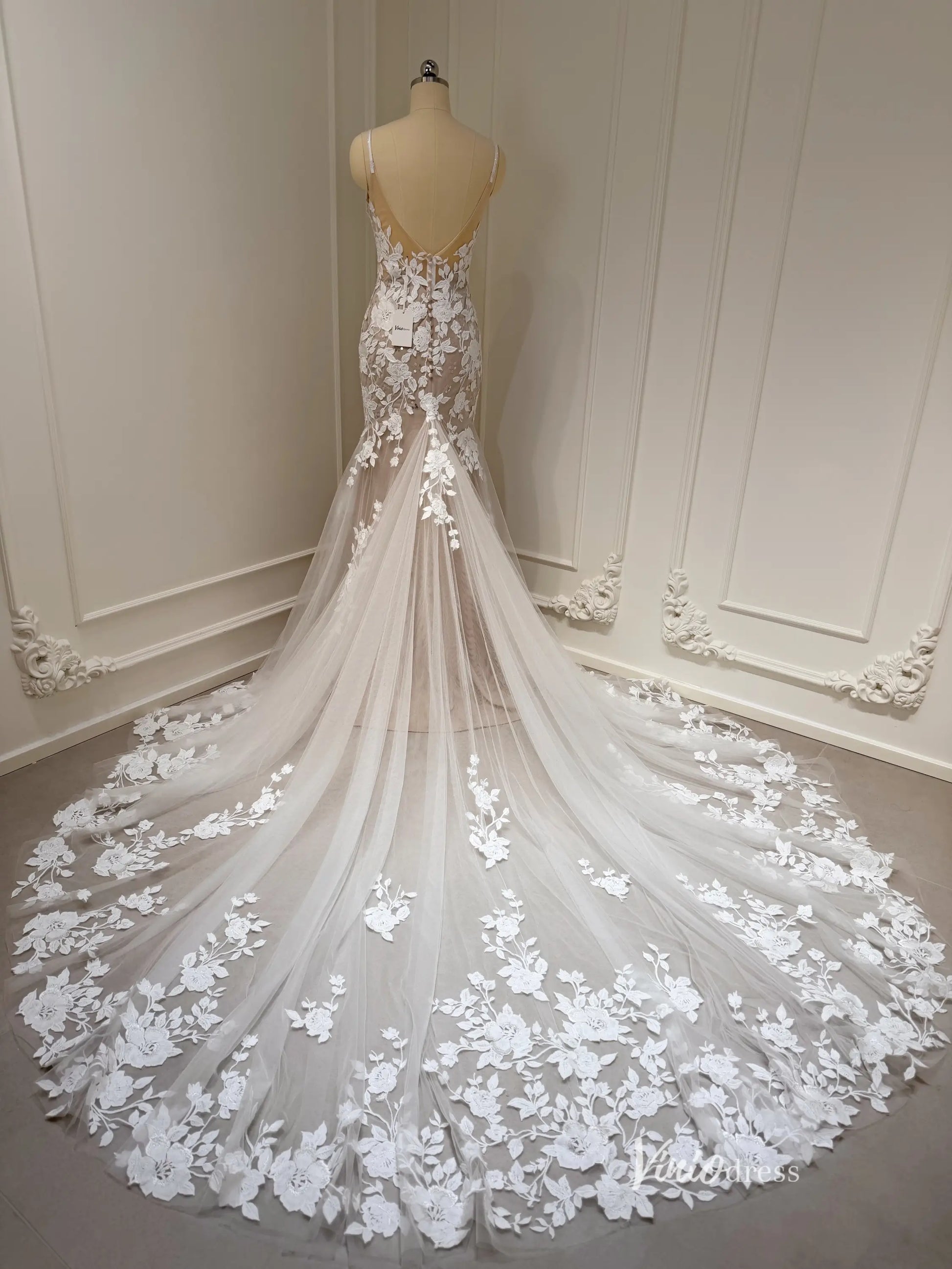 Romantic Lace Appliqued Mermaid Wedding Dress with Deep V Neck, Spaghetti Strap & Chapel Train – ML115-wedding dresses 2025 -Viniodress-Nude-Dress Only-US 0