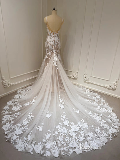 Romantic Lace Appliqued Mermaid Wedding Dress with Deep V Neck, Spaghetti Strap & Chapel Train – ML115-wedding dresses 2025 -Viniodress-Nude-Dress Only-US 0
