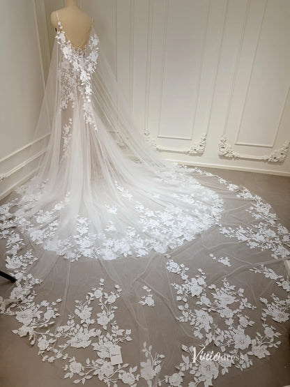 Romantic Lace Appliqued Mermaid Wedding Dress with Deep V Neck, Spaghetti Strap & Chapel Train – ML115-wedding dresses 2025 -Viniodress-Nude-Dress Only-US 0