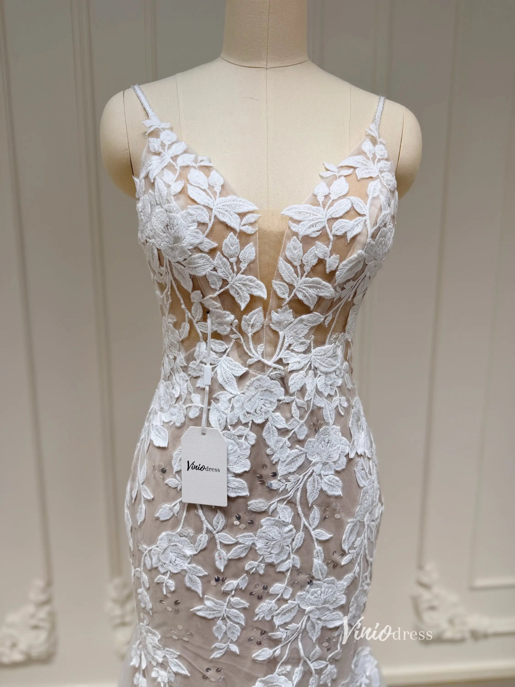Romantic Lace Appliqued Mermaid Wedding Dress with Deep V Neck, Spaghetti Strap & Chapel Train – ML115-wedding dresses 2025 -Viniodress-Nude-Dress Only-US 0