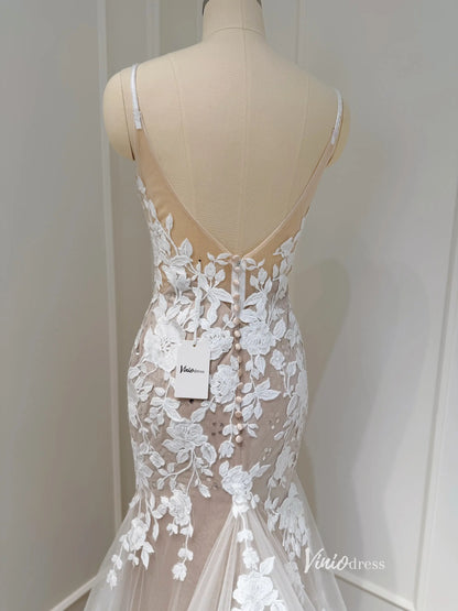 Romantic Lace Appliqued Mermaid Wedding Dress with Deep V Neck, Spaghetti Strap & Chapel Train – ML115-wedding dresses 2025 -Viniodress-Nude-Dress Only-US 0