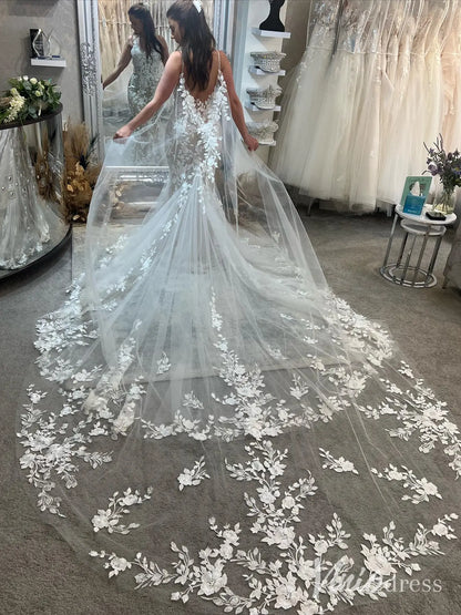 Romantic Lace Appliqued Mermaid Wedding Dress with Deep V Neck, Spaghetti Strap & Chapel Train – ML115-wedding dresses 2025 -Viniodress-Nude-Dress Only-US 0