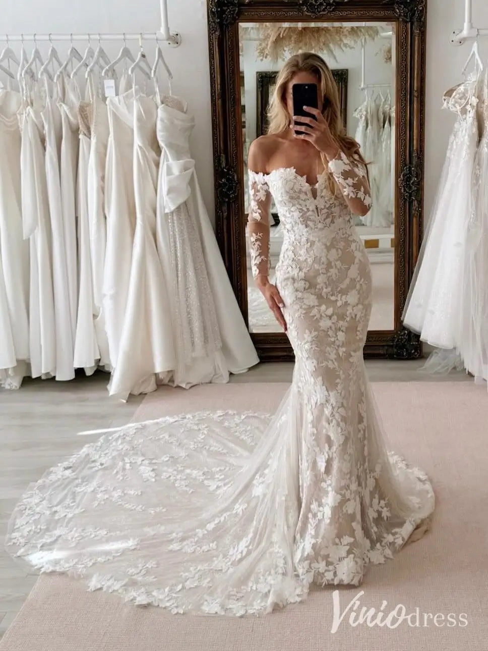 Romantic Lace Appliqués Mermaid Wedding Dress with Illusion Long Sleeves, Chapel Train – ML143-wedding dresses 2025 -Viniodress-Nude-Custom Size-