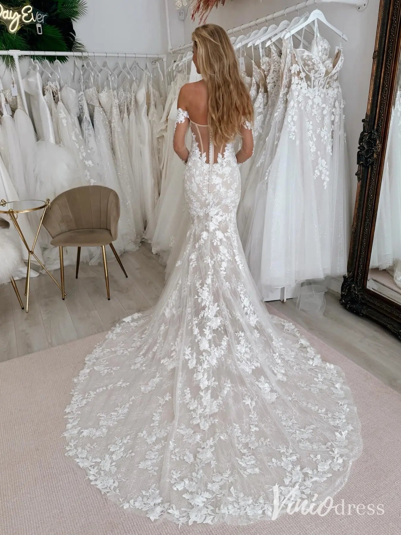 Romantic Lace Appliqués Mermaid Wedding Dress with Illusion Long Sleeves, Chapel Train – ML143-wedding dresses 2025 -Viniodress-Nude-Custom Size-