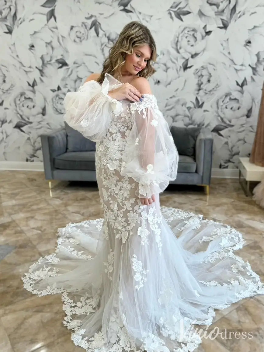 Romantic Lace Mermaid Wedding Dress with Off-Shoulder Neckline & Detachable Long Sleeves – ML104-wedding dresses 2025 -Viniodress-Ivory-Custom Size-