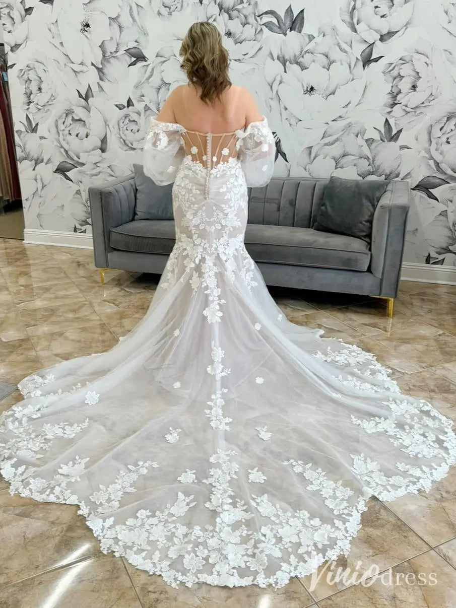 Romantic Lace Mermaid Wedding Dress with Off-Shoulder Neckline & Detachable Long Sleeves – ML104-wedding dresses 2025 -Viniodress-Ivory-Custom Size-