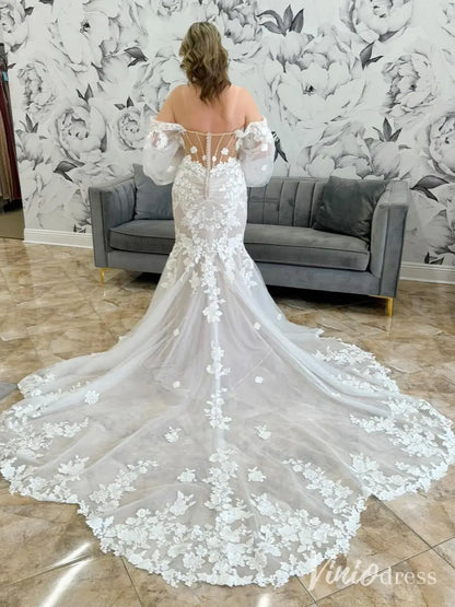 Romantic Lace Mermaid Wedding Dress with Off-Shoulder Neckline & Detachable Long Sleeves – ML104-wedding dresses 2025 -Viniodress-Ivory-Custom Size-