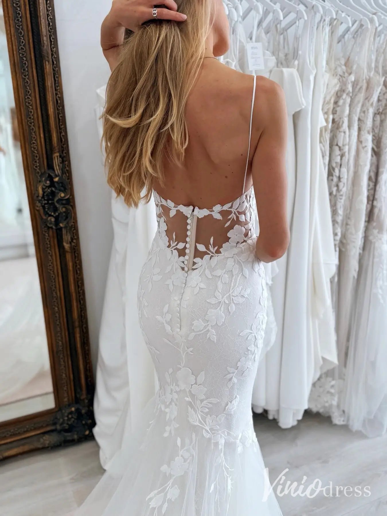 Romantic Lace Mermaid Wedding Dress with Plunging V-Neck, Spaghetti Straps & Illusion Back – ML110-wedding dresses 2025 -Viniodress-Ivory-Custom Size-