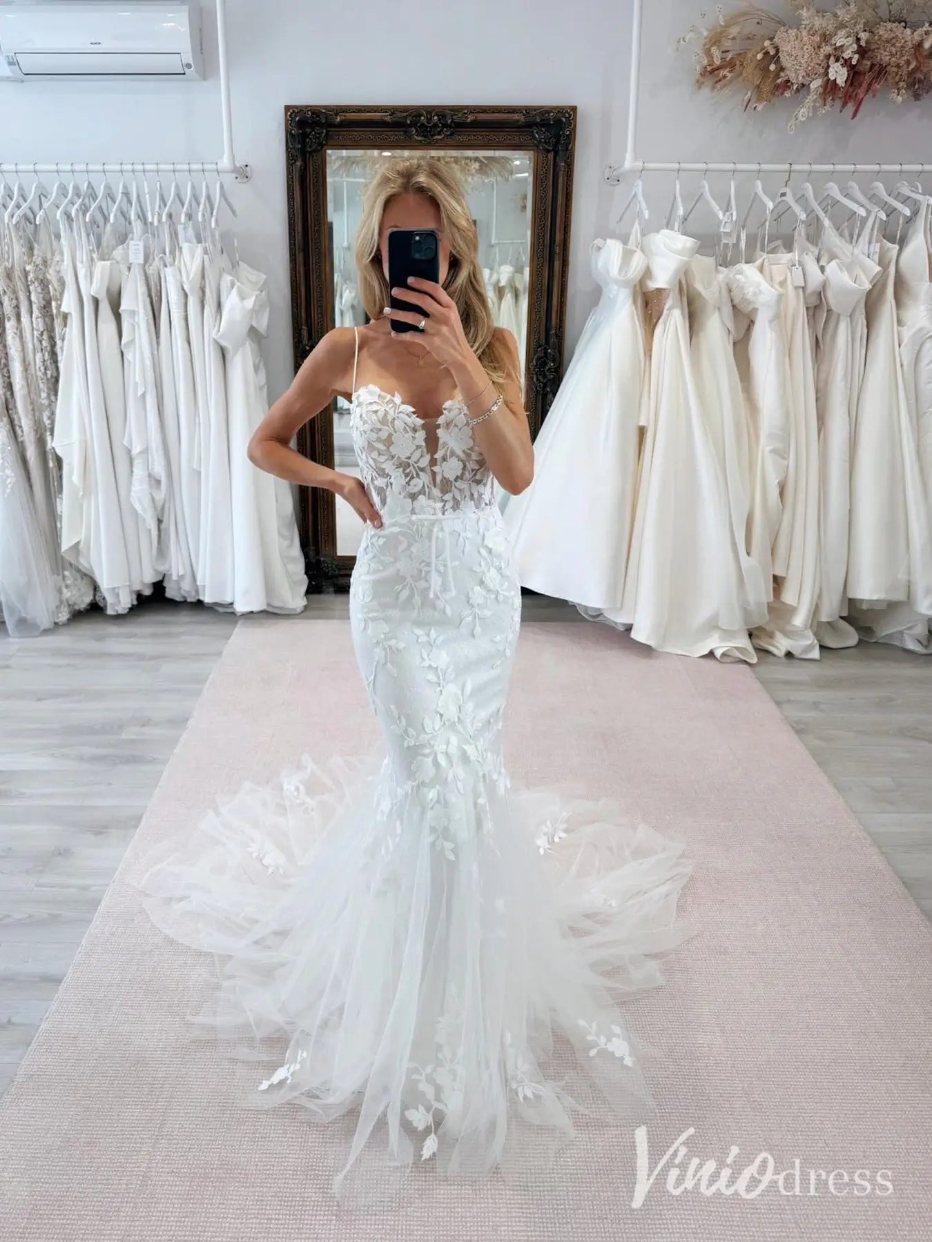 Romantic Lace Mermaid Wedding Dress with Plunging V-Neck, Spaghetti Straps & Illusion Back – ML110-wedding dresses 2025 -Viniodress-Ivory-Custom Size-