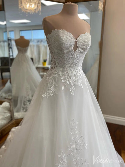 Romantic Lace Tulle Wedding Dress with Illusion Bodice and Chapel Train – VW2555-wedding dresses 2025 -Viniodress-White-Custom Size-