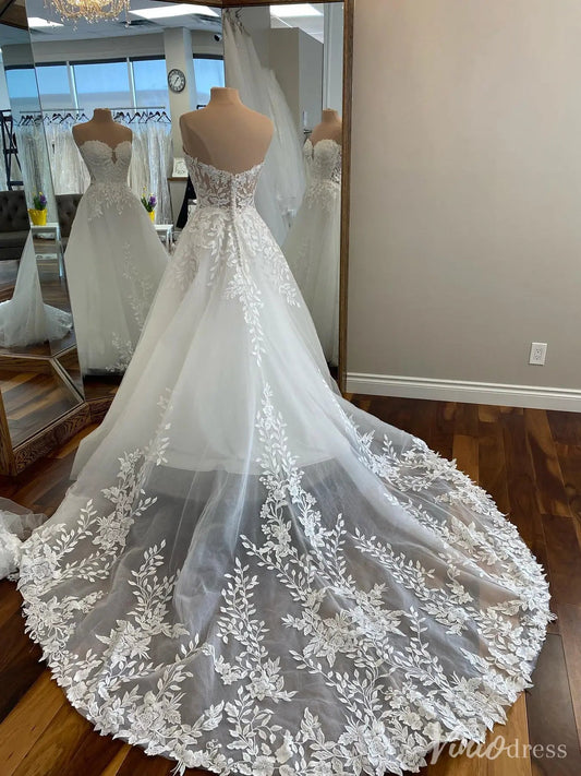 Romantic Lace Tulle Wedding Dress with Illusion Bodice and Chapel Train – VW2555-wedding dresses 2025 -Viniodress-White-Custom Size-