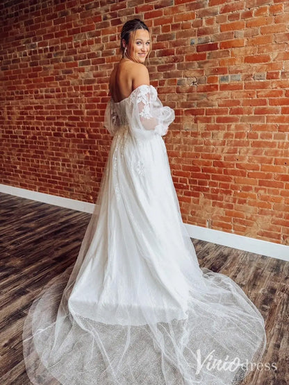 Romantic Lace Wedding Dress with Slit, Removable Puff Sleeve, Sweetheart Neck – LA119-wedding dresses 2025 -Viniodress-Ivory-Custom Size-